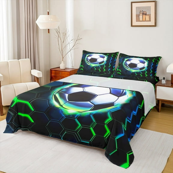 Castle Fairy Boys Soccer 4pcs Bed Sheets,Sport Football King Sheets,Geometric Hexagon Super Cozy Sheet Set,Lightweight Neon Light Room Decor