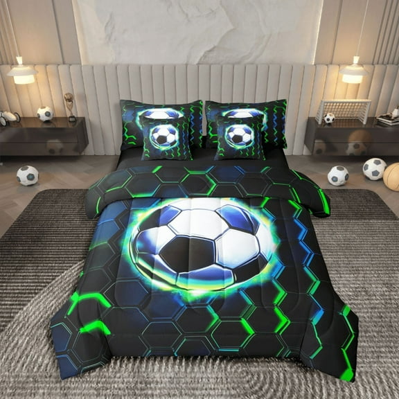 Castle Fairy Boys Soccer 7-Piece Twin Bedding Sets,Sport Football Bedding Comforter Set,Geometric Hexagon Breathable Sheet Sets,Lightweight Neon Light Room Decor,Reversible