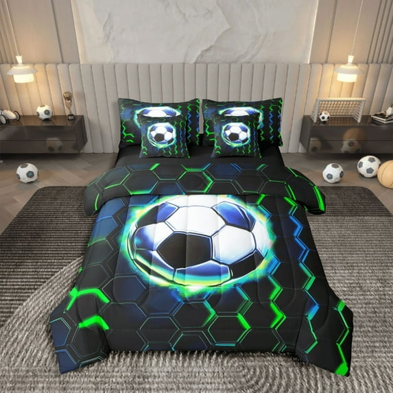 Castle Fairy Boys Soccer 7-Piece Twin Bedding Sets,Sport Football Bedding Comforter Set,Geometric Hexagon Breathable Sheet Sets,Lightweight Neon Light Room Decor,Reversible