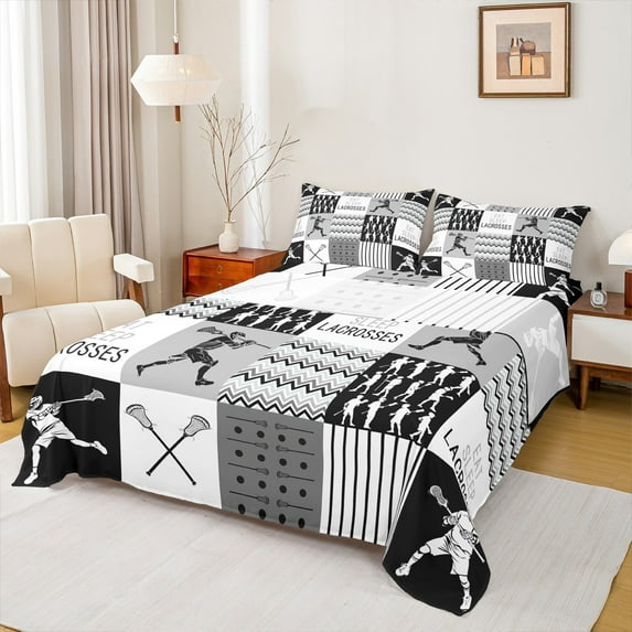Castle Fairy Boys Sport Lacrosse 4 Pieces Queen Sheet Sets,Geometric Plaid Ultra Soft Flat Sheet,Ball Gamer Queen Fitted Sheet,Breathable Home Decor