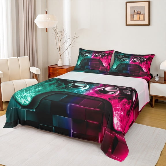 Castle Fairy Boys Teal Pink Gamepads 4 Pieces Queen Sheet Sets,Futuristic Cubes Ultra Soft Flat Sheet,Abstract Gradient Queen Fitted Sheet,Ultra Soft Home Decor