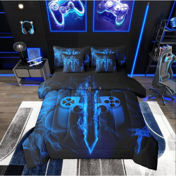 Castle Fairy Boys Video Game 7-Piece Full Abstract Lightsaber Black Blue Ultra Soft Bedding Comforter Set