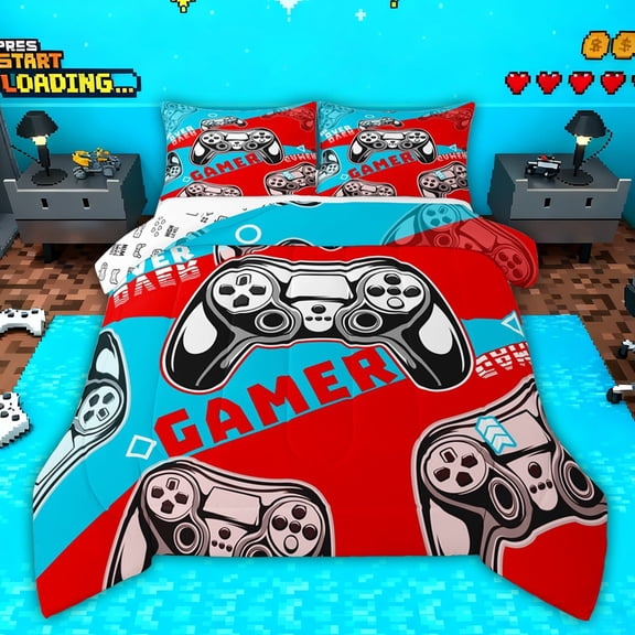 Castle Fairy Boys Video Game Twin Comforter Sets,Blue Red Bedding Set,Gamer Bedding Set