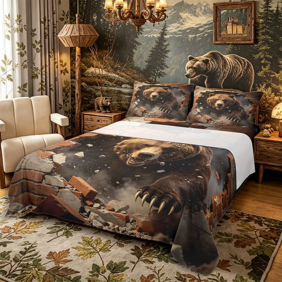 Castle Fairy Brick Break Bear Bed Sheets 4-Piece for Teens,Rubble Smoke Backdrop Full Size Sheets,Brown Red Gray,1 Fitted Sheet, 1 Flat Sheet and 2 Pillowcases
