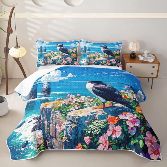 Castle Fairy Bright Anime Cliff Puffin Scene Quilt Full,Wild Flower Sea Stack Rock Print Full Bedspread Sets,Sky Pink