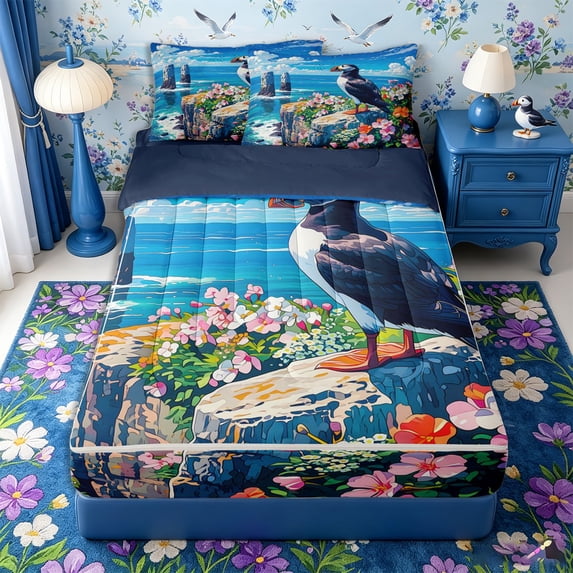 Castle Fairy Bright Anime Cliff Puffin Scene Zipper Twin Comforter Sets with Fitted Sheet and 2 Pillowcases,Wild Flower Sea Stack Rock Print Zipper Bedding Set,Sky Pink,Navy Blue Reversible,4-Piece