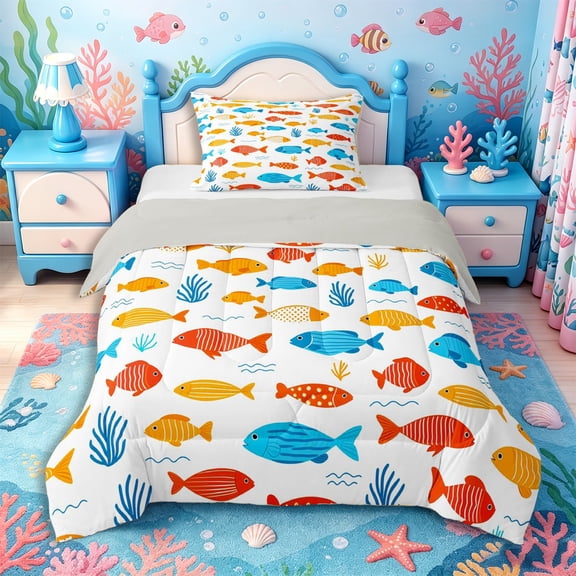 Castle Fairy Bright Cartoon Striped Reef Fish Twin Comforter Sets 2pcs,Simple Seaweed White Background Pattern Bedding Set,Orange Blue,Grey Reversible,1 Comforter and 1 Pillowcase