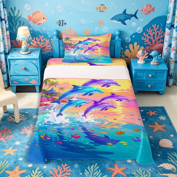 Castle Fairy Bright Cartoon Sunset Dolphin Twin Sheets 3pcs,Palm Tropical Fish Coastal Scene Bedding,Orange Cyan,1 Fitted Sheet,1 Flat Sheet and 1 Pillowcase