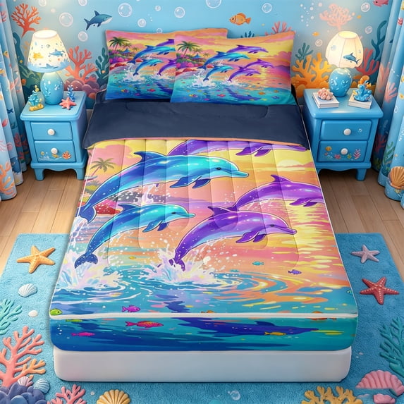 Castle Fairy Bright Cartoon Sunset Dolphin Zipper Twin Comforter Sets with Fitted Sheet and 2 Pillowcases,Palm Tropical Fish Coastal Scene Zipper Bedding Set,Orange Cyan,Reversible,4-Piece