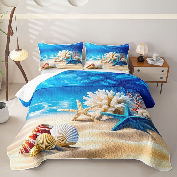 Castle Fairy Bright Cartoon Underwater Still Life Bed Spread Queen,Starfish Seashell Coral Scene Queen Coverlet Set,Cyan Cream