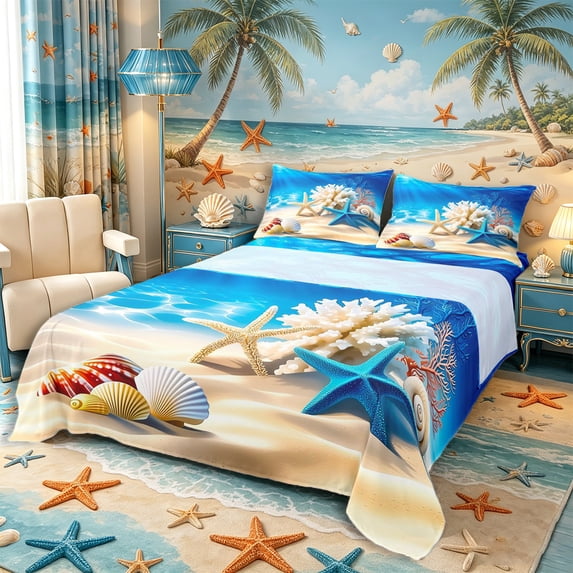 Castle Fairy Bright Cartoon Underwater Still Life King Sheets 4pcs,Starfish Seashell Coral Scene Bedding,Cyan Cream,1 Fitted Sheet,1 Flat Sheet and 2 Pillowcases