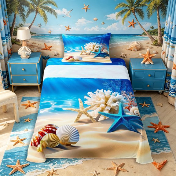 Castle Fairy Bright Cartoon Underwater Still Life Twin Sheets 3pcs,Starfish Seashell Coral Scene Bedding,Cyan Cream,1 Fitted Sheet,1 Flat Sheet and 1 Pillowcase