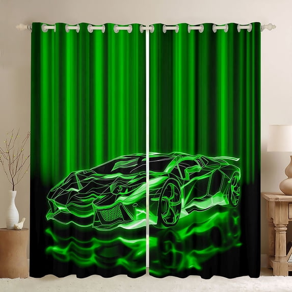 Castle Fairy Bright Neon Sports Car Black Out Curtains for Kids, Green Glow Race Curtains Pack of 2 (42x63 Each) for Bedroom, Green Black