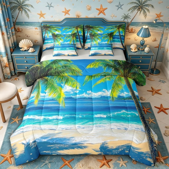 Castle Fairy Bright Photorealistic Palm Shore 7-Piece Twin Bedding,Tropical Island Clear Ocean Graphic Bedding Comforter Set,Sky Teal,Grey Reversible