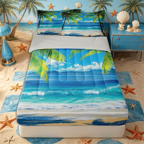 Castle Fairy Bright Photorealistic Palm Shore Zipper Twin Comforter Sets with Fitted Sheet and 2 Pillowcases,Tropical Island Clear Ocean Graphic Zipper Bedding Set,Sky Teal,Grey Reversible,4-Piece