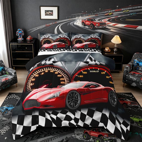 Castle Fairy Bright Red Racer Full Size Comforter Sets 3 Pieces for Teenager, Race Track Graphic Bedding Sets for Sleeping Room, Crimson Gray Tone,Black Reversible