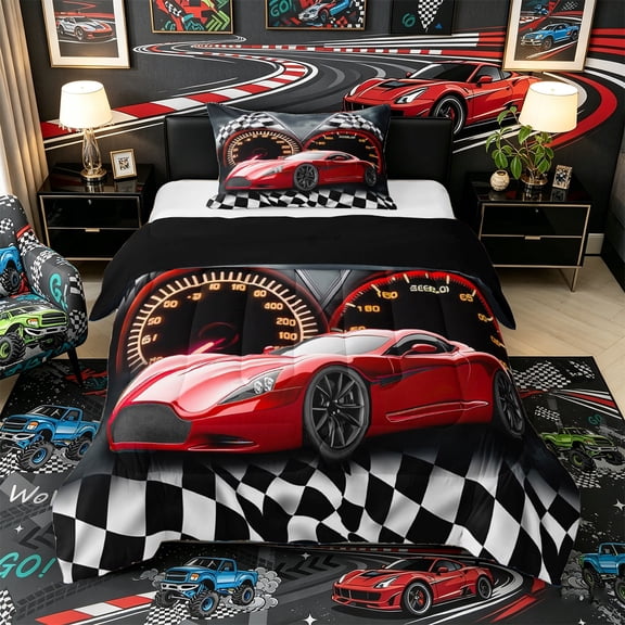 Castle Fairy Bright Red Racer Twin Comforter Sets 3-Piece for Teenager, Race Track Graphic Bedding Set for Sleeping Room, Crimson Gray Tone,Black Reversible