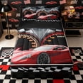 thumbnail image 1 of Castle Fairy Bright Red Racer Zipper Full Size Comforter Sets with Fitted Sheet and 2 Pillowcases for Teenager,Race Track Graphic Zipper Bedding Set,Crimson Gray Tone,4pcs,Black Reversible, 1 of 6
