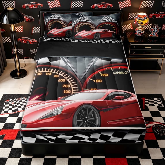 Castle Fairy Bright Red Racer Zipper Full Size Comforter Sets with Fitted Sheet and 2 Pillowcases for Teenager,Race Track Graphic Zipper Bedding Set,Crimson Gray Tone,4pcs,Black Reversible