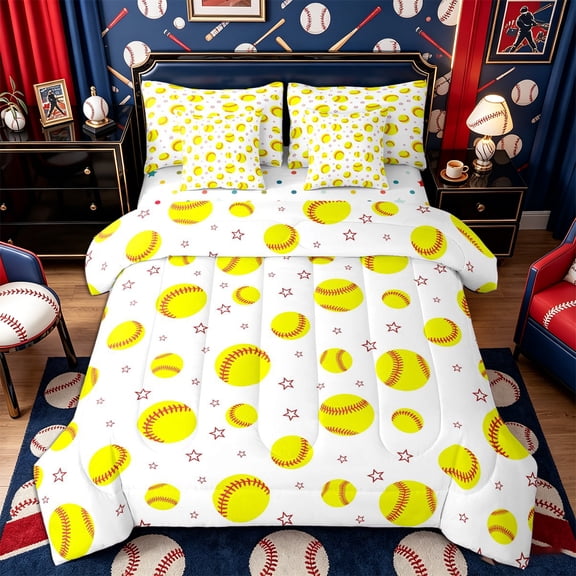 Castle Fairy Bright Softball Queen Bedding 7pcs, Cartoon Ball Stars Bedding Comforter Set Queen, Yellow Red