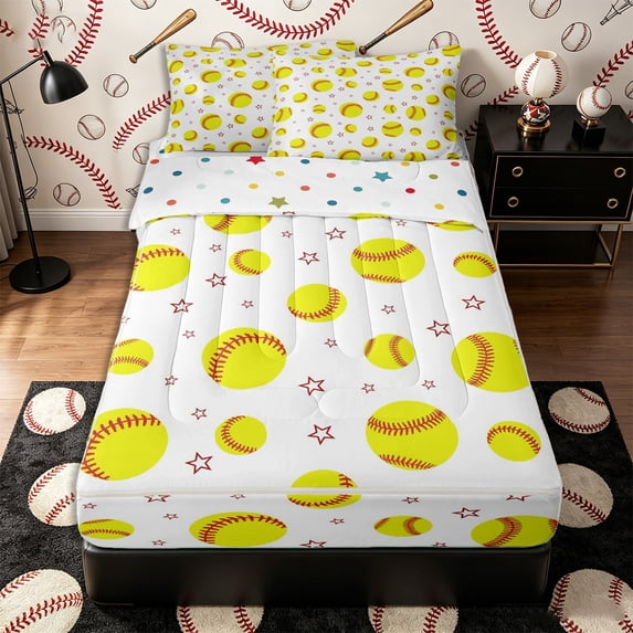 Castle Fairy Bright Softball Zipper Twin Comforter Sets with Fitted Sheet and 2 Pillowcases, Cartoon Ball Stars Zipper Bedding Set, Yellow Red,4-Piece