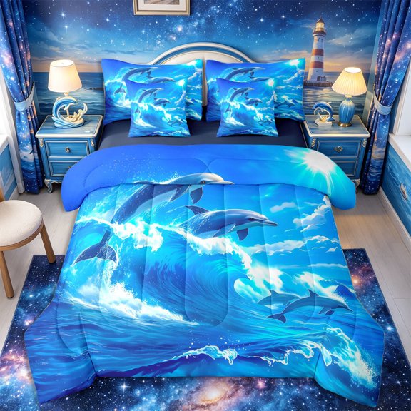 Castle Fairy Bright Surf Dolphin Pod King Bedding 7pcs,Sunny Ocean Wave Landscape King Bed in a Bag,Sky White,Navy Blue Reversible