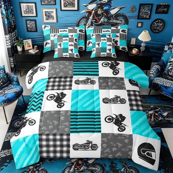 Castle Fairy Bright Teal Motorcycle Bedding Comforter Set 7-Piece for Boys, Chevron Helmet King Bedding Sets for Modern Room, Teal Black White,Black Reversible