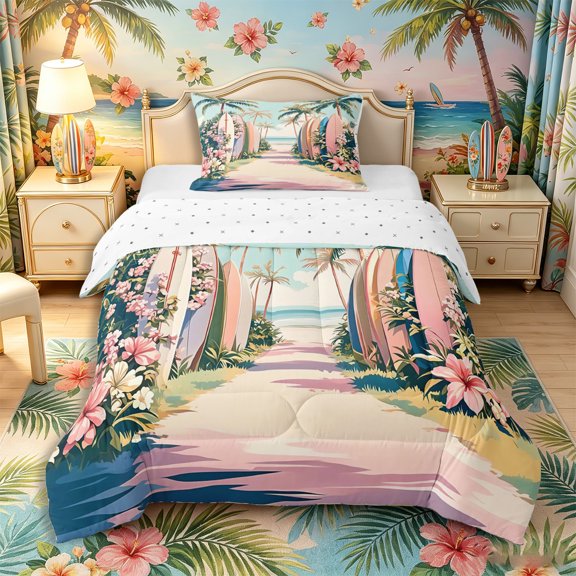 Castle Fairy Bright Tropical Surf Path Illustration Twin Comforter Sets 2pcs,Palm Hibiscus Beach Lane Graphic Bedding Set,Cream Sky,Reversible,1 Comforter and 1 Pillowcase
