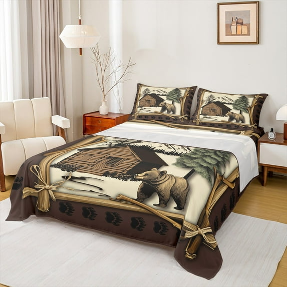 Castle Fairy Brown Bear 4pcs Bed Sheets,Lodge Cabin King Sheets,Tree Branches Super Cozy Sheet Set,Luxury Animal Bedroom Decor