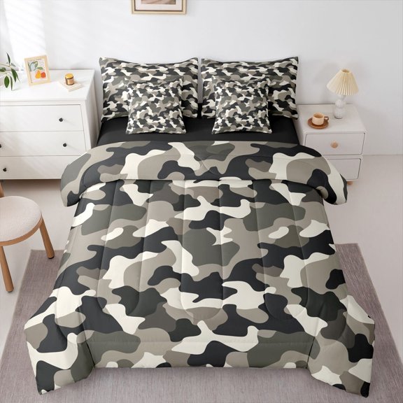 Castle Fairy Brown Black Camo Twin Bedding Sets 7-Piece for Children Teens Adults,Vintage Camouflage Bedding Comforter Set Microfiber,Abstract Geometric Breathable Sheet Sets,Super Cozy Room Decor