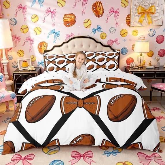 Castle Fairy Brown Football Duvet Cover King, Sport Theme Bow King Bedding,3 Pieces,1 Duvet Cover and 2 Pillowcases