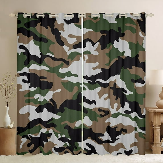 Castle Fairy Brown Green Black Camo Black Out Curtains for Children Teens Adults,Vintage Camouflage Curtains Pack of 2 (42x63 Each),Abstract Geometric Bedroom Curtains,Super Cozy Room Decor