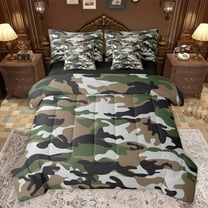 Castle Fairy Brown Green Black Camo Twin Bedding Sets 7-Piece for Children Teens Adults,Vintage Camouflage Bedding Comforter Set Microfiber,Abstract Geometric Breathable Sheet Sets