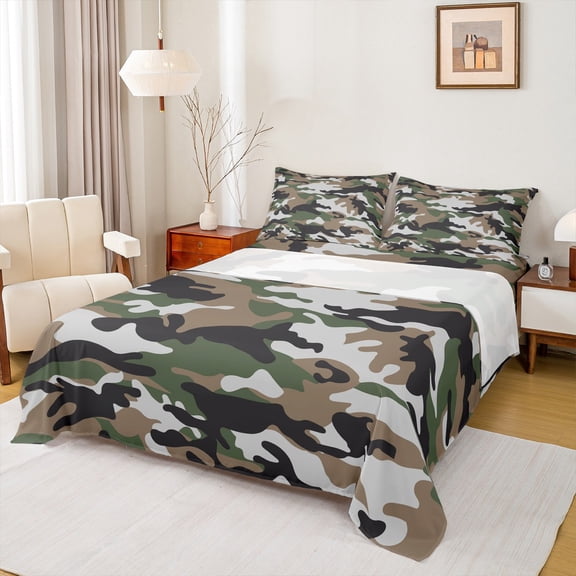 Castle Fairy Brown Green Black Camo Twin Sheet Sets 3pcs for Children Teens Adults,Vintage Camouflage Twin Fitted Sheet Microfiber,Abstract Geometric Breathable Flat Sheet,Super Cozy Room Decor