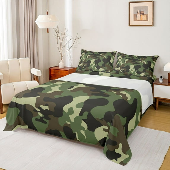 Castle Fairy Brown Green Camo Twin Sheet Sets 3pcs for Kids Children Teens,Plaid Camouflage Twin Fitted Sheet Microfiber,Abstract Geometric Breathable Flat Sheet,Super Cozy Room Decor