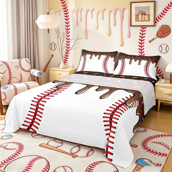 Castle Fairy Brown Ice Cream Drip Bed Sheets 4-Piece, Sport Baseball Full Size Sheets,1 Fitted Sheet, 1 Flat Sheet and 2 Pillowcases