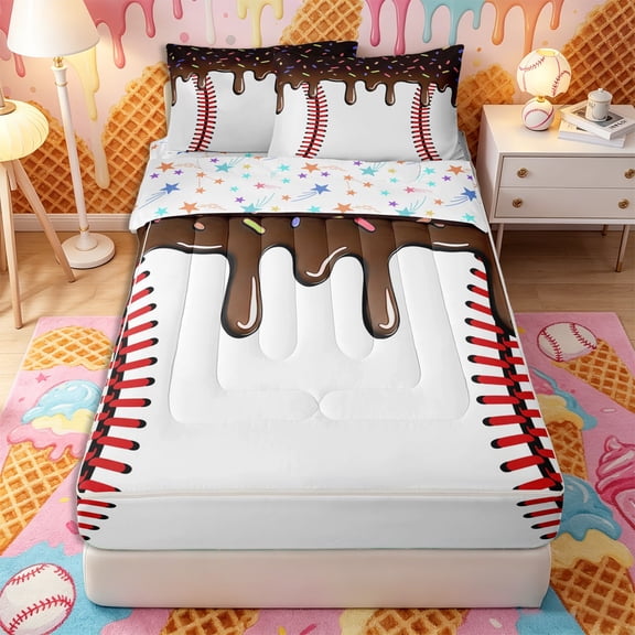 Castle Fairy Brown Ice Cream Drip Zipper Twin Comforter Sets with Fitted Sheet and 2 Pillowcases, Sport Baseball Zipper Bedding Set,4-Piece