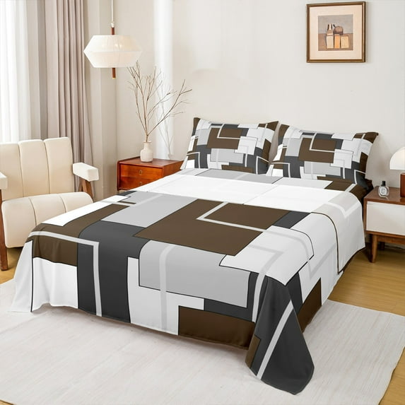 Castle Fairy Brown Rectangle 4pcs Bed Sheets for Teens,Abstract Minimalist King Sheets,Geometric Stripes Super Cozy Sheet Set,Super Cozy Room Decor
