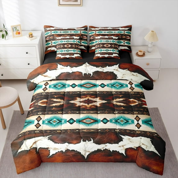Castle Fairy Brown Teal Aztec Bedding Comforter Set,Bohemian Western Queen Bedding Sets
