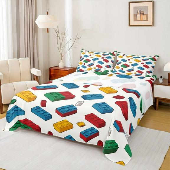 Castle Fairy Building Blocks 4-Piece Full Size Sheets,Construction Game Bed Sheets,Colorful Brick Lightweight Sheet Sets,Super Cozy Room Decor