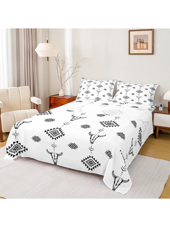 Bull Skull 4 Pieces Queen Sheet Sets,Tribal Aztec Ultra Soft Flat Sheet,Black White Queen Fitted Sheet,Luxury Teenager Bedroom Decor