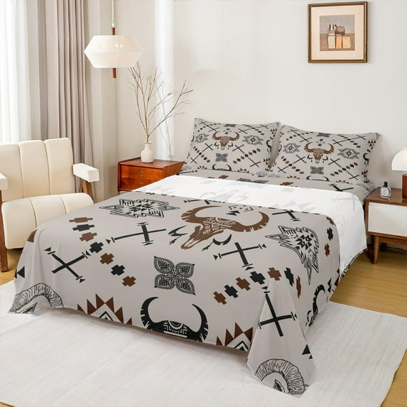 Castle Fairy Bull Skull 4pcs Bed Sheets,Bohemian Aztec King Sheets,Western Theme Super Cozy Sheet Set,Breathable Tribal Home Decor