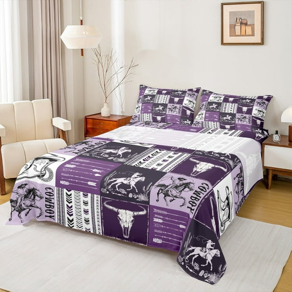 Castle Fairy Bull Skull 4pcs Bed Sheets,Geometric Plaid King Sheets,Western Theme Super Cozy Sheet Set,Microfiber Teenagers Bedroom Decor