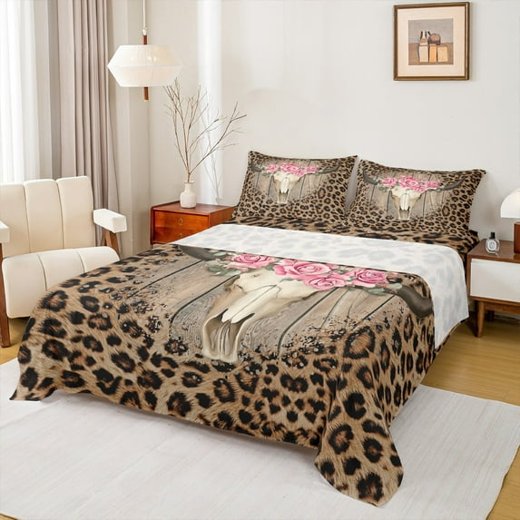 Castle Fairy Bull Skull 4pcs Bed Sheets,Leopard Print King Sheets,Pink Rustic Rose Super Cozy Sheet Set,Breathable Western Home Decor