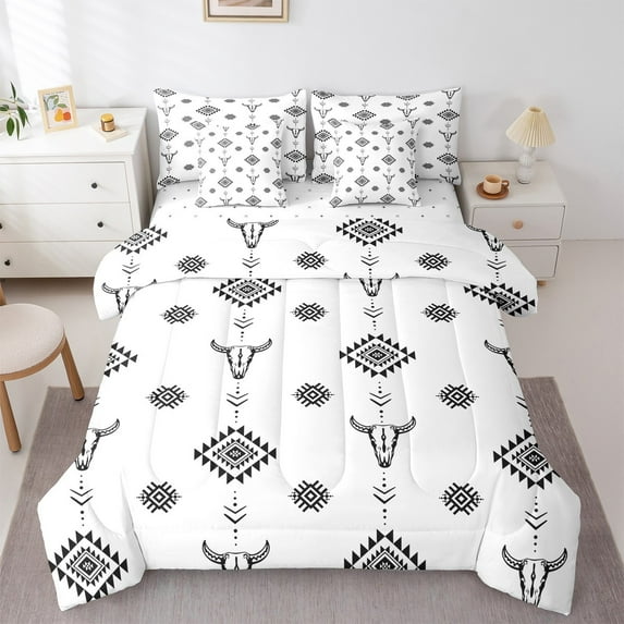Castle Fairy Bull Skull 7 Pieces Bedding Comforter Set,Tribal Aztec Full Bedding Set Lightweight,Black White Fitted Sheet Flat Sheet,Luxury Teenager Bedroom Decor,Reversible