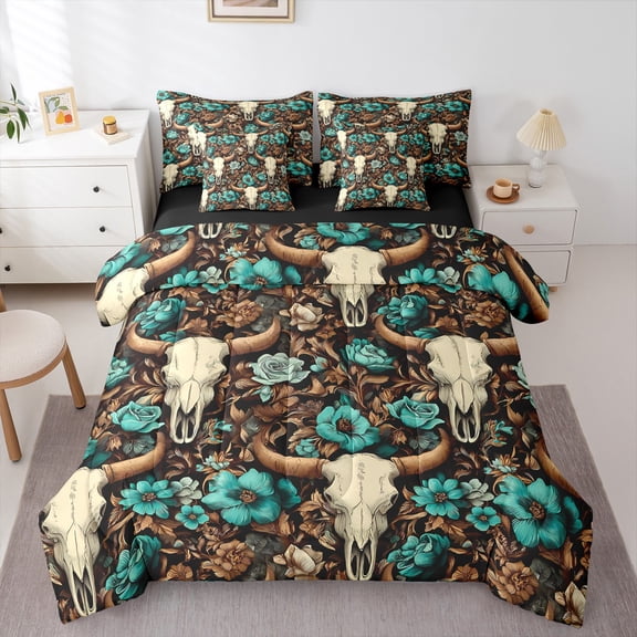 Castle Fairy Bull Skull Bedding Comforter Set 7pcs for Boys Girls,Chic Floral Flower Queen Bedding Sets Super Cozy,Bohemian Theme Queen Sheet Sets,Lightweight Room Decor,Reversible