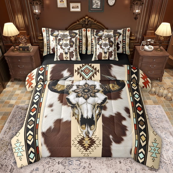 Castle Fairy Bull Skull Bedding Comforter Set,Abstract Cow Print King Bedding Sets