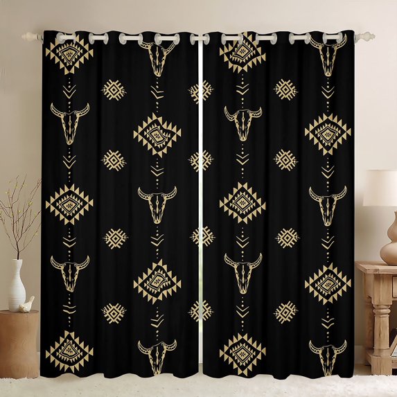 Castle Fairy Bull Skull Black Out Curtains,Tribal Aztec Curtains Pack of 2 (42x63 Each),Black Golden Bedroom Curtains,Luxury Teenager Bedroom Decor