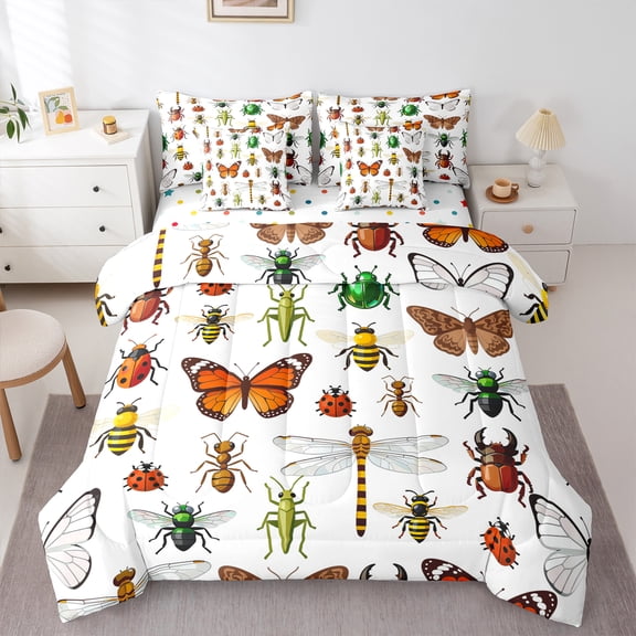 Castle Fairy Butterflies Gragonflies Ladybird Twin Bedding Sets 7-Piece for Kids Children,Colorful Animal Bedding Comforter Set Microfiber,Exotic Style Breathable Sheet Sets,Lightweight Room Decor