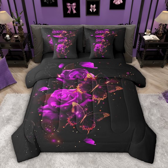 Castle Fairy Butterflies Rose Bedding Comforter Set,Valentine's Day Queen Bedding Sets